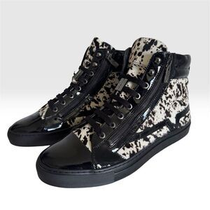 Versace Collection Black Pony Hair Patent Leather High Top Sneakers Medusa NEW